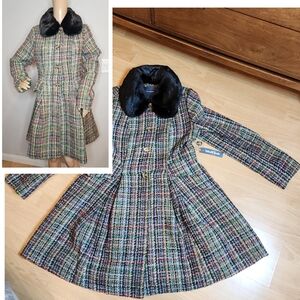 NWT Modcloth Multi Colored Tweed Flare Coat Removable Faux Fur Collar Large